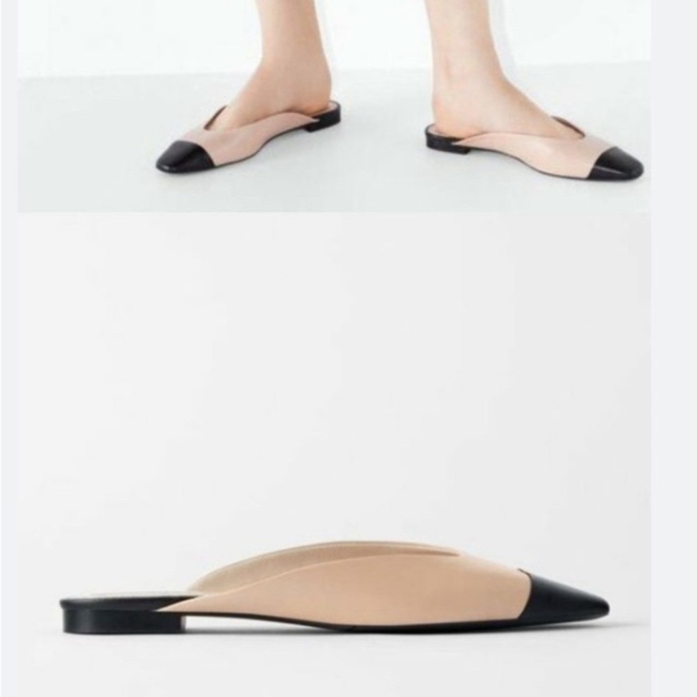 Zara Two-Tone Nude and Black Pointed Toe Leather Mules